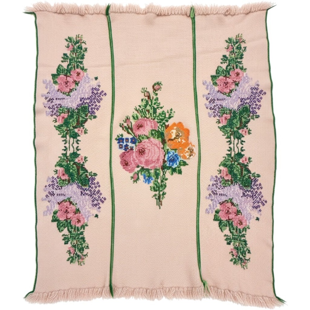 Vintage Hand Embroidered Floral Afghan Throw Blanket Cross Stitch Fringe 46 x 58